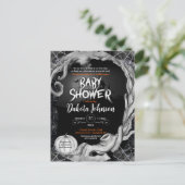 Schwarzes Halloween Baby Shower Einladung mit Regi (Stehend Vorderseite)