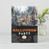 Schwarzes Halloween, Beängstigender Friedhof Einladung (Stehend Vorderseite)