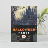 Schwarzes Halloween im Spuk Haus und Fledermäusen Einladung (Stehend Vorderseite)