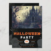 Schwarzes Halloween im Spuk Haus und Fledermäusen Einladung (Vorne/Hinten)