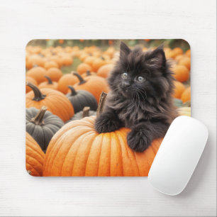 Schwarzes Halloween-Kätzchen auf einem Kürbis Mousepad