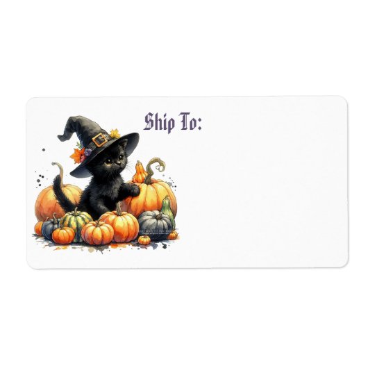 Schwarzes Halloween Kätzchen mit Kürbiskuits & Hex (Vorne)