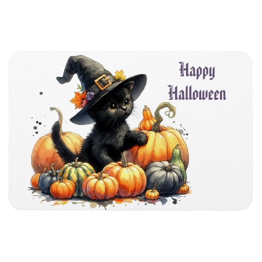 Schwarzes Halloween Kätzchen mit Kürbiskuits & Hex Magnet (Horizontal)