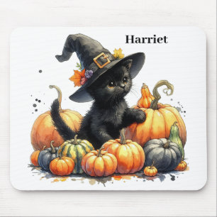 Schwarzes Halloween Kätzchen mit Kürbiskuits & Hex Mousepad