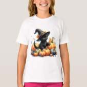 Schwarzes Halloween Kätzchen mit Kürbiskuits & Hex T-Shirt (Vorderseite)
