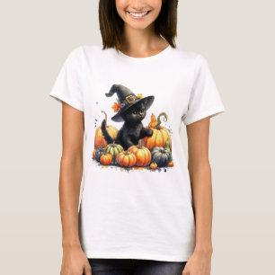 Schwarzes Halloween Kätzchen mit Kürbiskuits & Hex T-Shirt