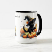 Schwarzes Halloween Kätzchen mit Kürbiskuits & Hex Tasse (VorderseiteRechts)