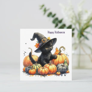 Schwarzes Halloween-Kätzchen mit Kürbissen und Hex Feiertagskarte