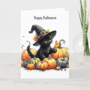 Schwarzes Halloween-Kätzchen mit Kürbissen und Hex Feiertagskarte