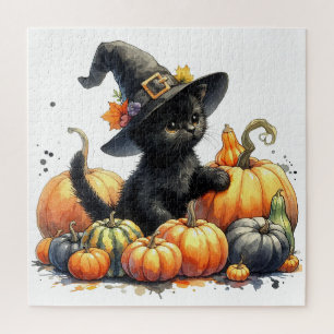 Schwarzes Halloween-Kätzchen mit Kürbissen und Hex Puzzle