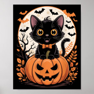 Schwarzes Halloween-Katze-Kürbis-Kostüm Herbst Poster