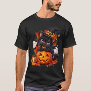 Schwarzes Halloween-Kürbis-T-Shirt mit Katze T-Shirt