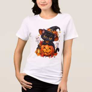 Schwarzes Halloween-Kürbis-T-Shirt mit Katze Tri-Blend Shirt