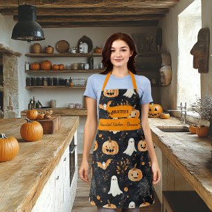 Schwarzes Halloween mit Geistern, Kürbissen und Fl Schürze