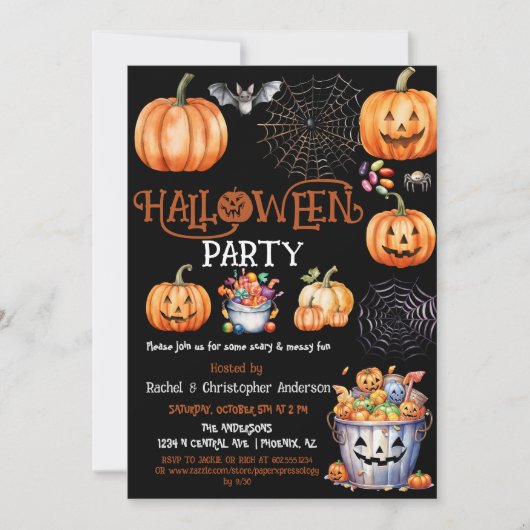 Schwarzes Halloween-Party Trick oder Behandlung er Einladung (Vorderseite)
