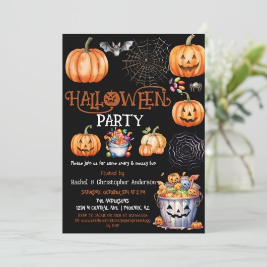 Schwarzes Halloween-Party Trick oder Behandlung er Einladung (Stehend Vorderseite)