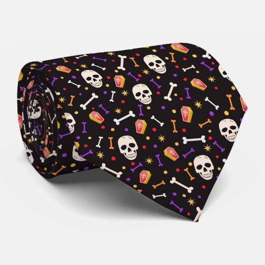 Schwarzes Halloween-Skull-Bone-Coffetmuster Krawatte (Gerollt)