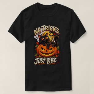 Schwarzes Halloween-T-Shirt mit Katze – Keine Tric T-Shirt