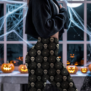 Schwarzes Halloween-Totenkopf- und Spinnennetz-Mus Leggings