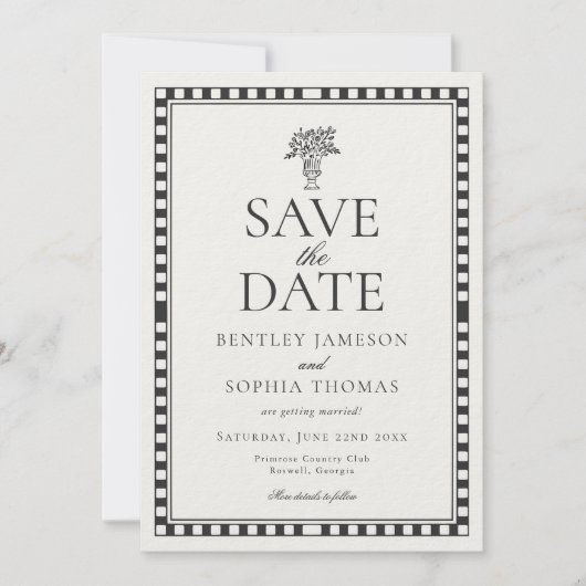 Schwarzes Harlekin-Karo Save-the-Date Einladung (Vorderseite)