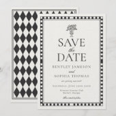 Schwarzes Harlekin-Karo Save-the-Date Einladung (Vorne/Hinten)