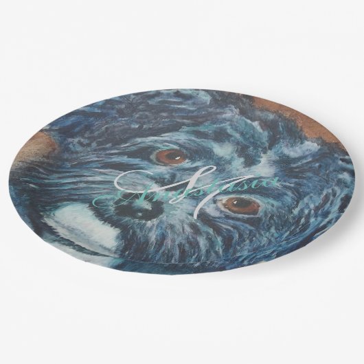 SCHWARZES HAVANESISCHES MONOGRAMM-PARTY PAPPTELLER (Schrägansicht)