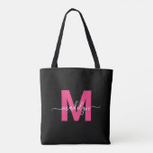 Schwarzes Heißrosa modernes Schriftzug-Monogramm Tasche (Rückseite)