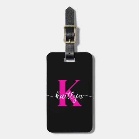 Schwarzes Heißrosa Monogramm Gepäckanhänger (Vorderseite vertikal)