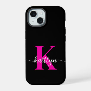 Schwarzes Heißrosa-Monogramm iPhone 15 Hülle
