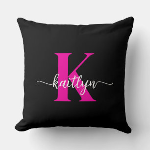 Schwarzes Heißrosa-Monogramm Kissen