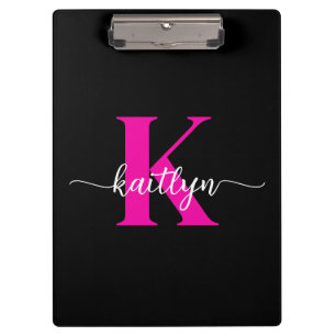 Schwarzes Heißrosa-Monogramm Klemmbrett