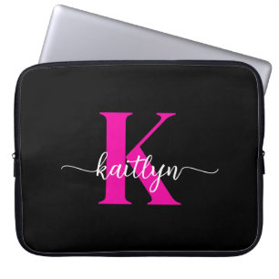 Schwarzes Heißrosa-Monogramm Laptopschutzhülle