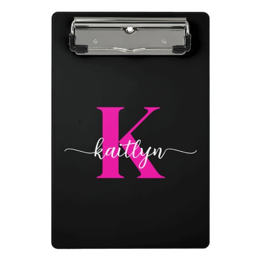Schwarzes Heißrosa-Monogramm Mini Klemmbrett (Vorderseite)