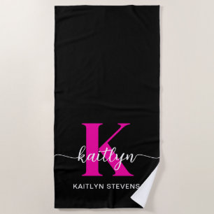 Schwarzes Heißrosa Monogramm Strandtuch