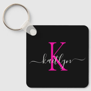 Schwarzes Heißrosa Namensinitial Monogramm Schlüsselanhänger