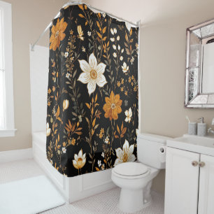 Schwarzes Herbst-Boho-Vintage-Gold-Blumenmuster Duschvorhang
