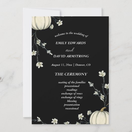 Schwarzes Herbst-Kürbis-Hochzeitsprogramm (Vorderseite)