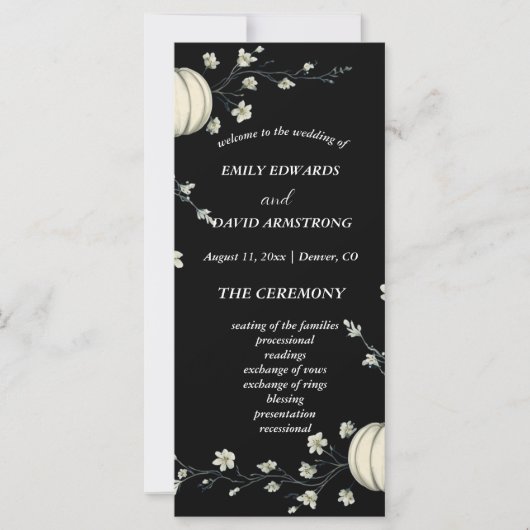 Schwarzes Herbst-Kürbis-Hochzeitsprogramm (Vorderseite)