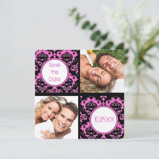 Schwarzes Herz Damask auf rosa Hochzeit Speichern Save The Date (Stehend Vorderseite)