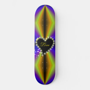 Schwarzes Herz mit Sternen auf lila gelben Regenbo Skateboard
