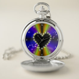 Schwarzes Herz mit Sternen auf lila gelben Regenbo Taschenuhr