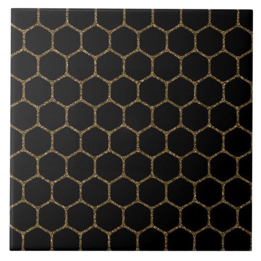Schwarzes Hexagon-Muster im GoldGlitzer-Rahmen Fliese (Vorderseite)