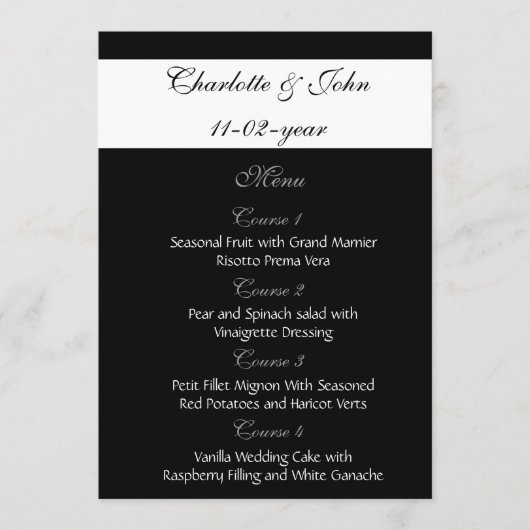 Schwarzes Hochzeitsmenü Menükarte (Vorderseite)