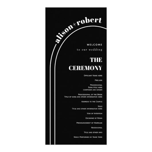 Schwarzes Hochzeitsprogramm für Weißbogen und Typo Werbekarte (Vorne)