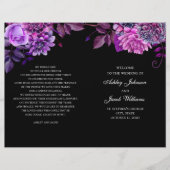 Schwarzes Hochzeitsprogramm gefaltet. Purpurblumen (Vorderseite)