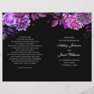 Schwarzes Hochzeitsprogramm gefaltet. Purpurblumen