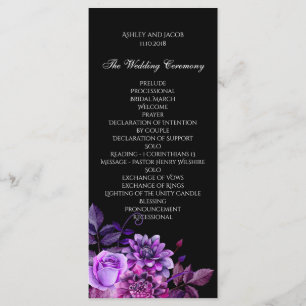 Schwarzes Hochzeitsprogramm. Lila Floralzeremonie Programm