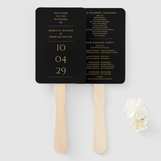 Schwarzes Hochzeitsprogramm mit goldenem Spezialda Fächer (Vorne und Hinten)