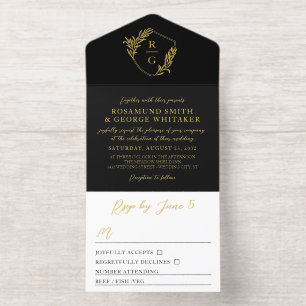 Schwarzes Hochzeitsschild mit Goldblatt verziert M All-in-One-Einladung