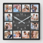 Schwarzes Holz Custom Foto Collage Elegant Quadratische Wanduhr (Vorderseite)